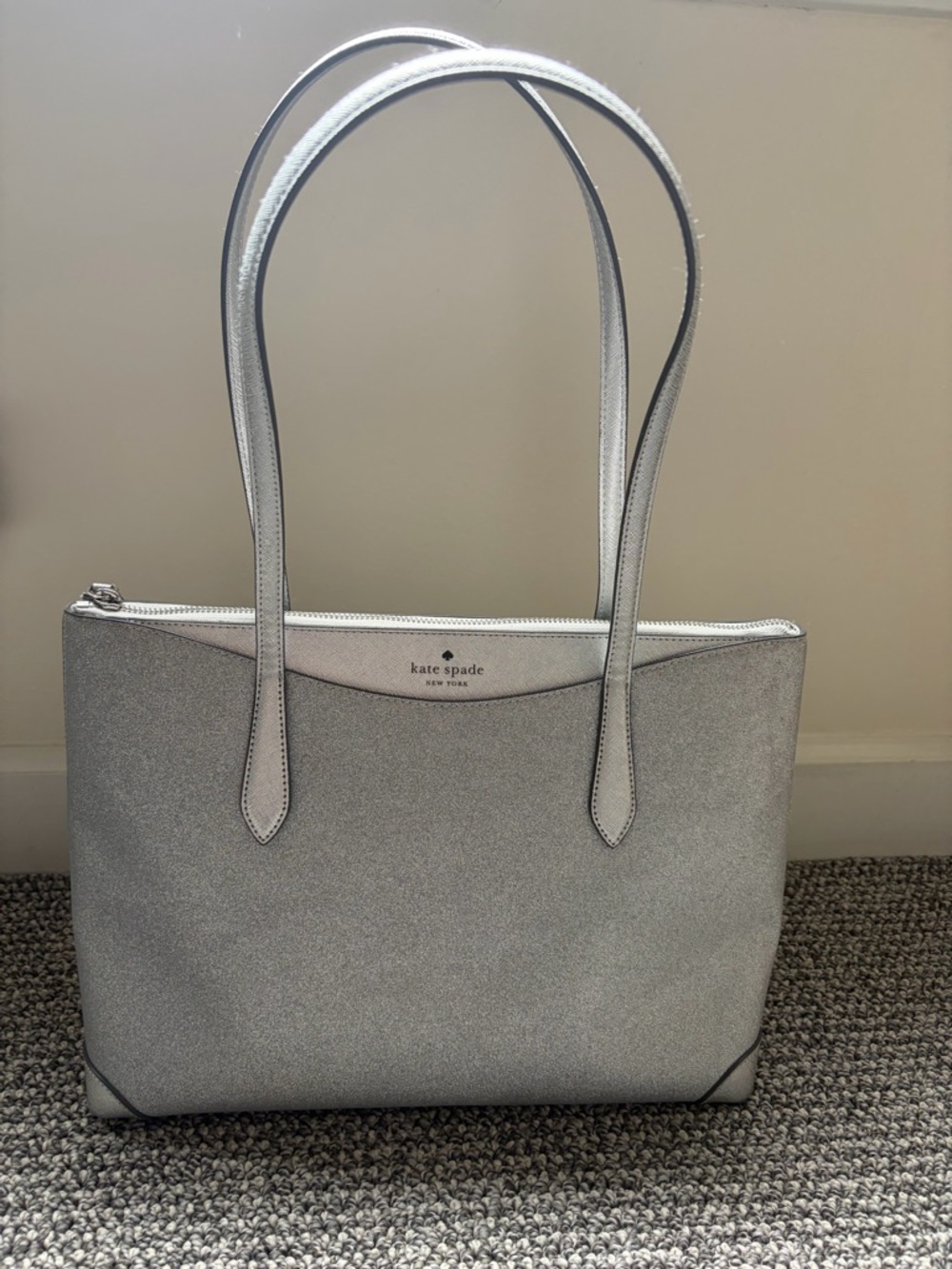 kate spade silver glitter tote with long shoulder straps